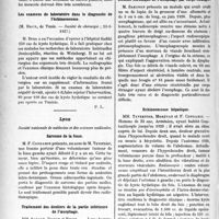 1837 - Page 1566 - Partie scientifique. L'Actualité Scientifique. Les Sociétés Savantes. Paris. La rachi-anesthésie dans l'occlusion intestinale, (Société de chirurgie ; 16-3-1927) / Les examens de laboratoire dans le diagnostic de l’échinococcose, (Société de chirurgie ; 23-3-1927) / Lyon. Société nationale de médecine et des sciences médicales. Sarcome de la fesse / Traitement des dentiers de la partie inférieure de l’oesophage / Sténose chronique de l’oesophage par corps étranger / Echinococcose hépatique