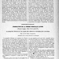 1838 - Page 1567 - Partie scientifique. L'Actualité Scientifique. Les Sociétés Savantes. Lyon. Société nationale de médecine et des sciences médicales. Echinococcose hépatique / Arthrite tuberculeuse tibio-tarsienne / Epanchement sanguin extra-dure-mérien à symptomatologie fruste / Fédération Dr. la presse médicale latine, (Premier Congrès : Paris, 28-30 avril 1927). La propriété littéraire et les Droits des éditeurs et directeurs de Journaux
