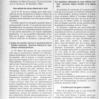 1901 - Page 1624 - Partie scientifique. L’actualité Scientifique. La Presse. L’expectoration des tuberculeux [(Journal de médecine de Bordeaux, 25 décembre 1926)] / Cure radicale des kystes sébacés par le xylol [(Gaz. hebd. des Sciences médicales de Bordeaux, 9 janvier 1927)] / A propos des troubles nerveux et psychiques chez les femmes continentes. Heureuse influence de l’opothérapie spermatogénétique [(Progrès médical, 19 mars 1927)] / Une inondation péritonéale de cause difficile à préciser : grossesse tubaire invisible et ne saignant plus [(La Presse médicale, 29 janvier 1927)] / L’insuline peut-elle guérir le diabète ? [(La Presse médicale, 15 janvier 1927)]