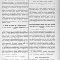 2048 - Page 1759 - Partie scientifique. L’Actualité Scientifique. Les Sociétés Savantes. Paris. Condition médico-légale des paralytiques généraux traités, (Académie de médecine ; 17-5-1927) / La période pré-clinique de la syphilis nerveuse, (Académie de médecine-, 17-5-1927) / Albuminurie de la grossesse et syphilis, (Soc. méd. des hôp. ; 4-3-1927) / A propos de la grippe chez les vieillards, (Soc. méd. des hôp. ; 11-3-1927 ) / Ossification du muscle pectiné après fièvre typhoïde, (Société de chirurgie, 23-3-1927) / Sur la syncope anesthésique, (Société de chirurgie ; 30-3-1927)