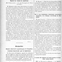 2295 - Page 2018 - Partie scientifique. L’actualité Scientifique. Les Sociétés Savantes. Paris. La tuberculose en milieu hospitalier, (Soc. méd. des hôp. 8-4-1927) / Rupture du tendon du quadriceps, (Soc. des Chirurgiens de Paris ; 6-5-1927) / Montpellier. Réunion obstétricale et gynécologique de Montpellier. L’incision transversale pour la laparotomie / Les poudres de lait dans l’allaitement des prématurés / Annexites et grossesse / Sur 53 cas d’opérations césariennes conservatrices pratiquées à la Clinique obstétricale de Montpellier / A propos des rapports de l’ovaire gauche et du ligament lombo-ovarien