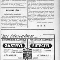 2382 - Page XI-2105 - A travers l'officiel. Ministère du travail, de l’hygiène, de l’assistance et de la prévoyance sociale / Médecine légale. Et l’utilisation des suicidés ?
