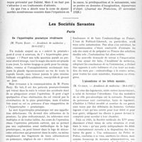 2397 - Page 2120 - Partie scientifique. L’Actualité Scientifique. La Presse. L’algospasme menstruel, avec ou sans obstruction anatomique. (Dysménorrhée des auteurs) [(Journal des Praticiens, 27 novembre 1926)] / Les Sociétés Savantes. Paris. De l’hypertrophie prostatique récidivante, (Académie de médecine ; 28-6-1927) / Sur l’embouteillage des eaux minérales étrangères, (Académie de médecine ; 28-6-1927) / L’alcoolisme et les hôtels meublés, (Académie de médecine ; 28-6-1927)