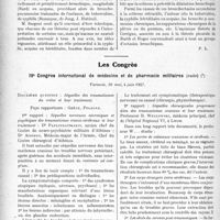 2399 - Page 2122 - Partie scientifique. L’Actualité Scientifique. Les Sociétés Savantes. Paris. Les dilatations des bronches consécutives à la selérose pleuro-pulmonaire, (Soc. méd. des hôp. ; 18-3-27) / Les Congrès. IVe Congrès international de médecine et de pharmacie militaires (suite), Varsovie, 30 mai, 4 juin 1927. 1er rapport : Séquelles nerveuses névrotiques et psychiques des traumatismes cranio-cérébraux et leur traitement : Dr. Papastratisakis et Dr. Aisopos / 2e rapport : Séquelles chirurgicales proprement dites des traumatismes crâniens et leur traitement. Professeur R. Weclowski