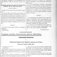 2414 - Page 2137 - Partie professionnelle. Travaux Originaux. Le secret médical et les enquêtes médico-sociales. Lettre du Dr. Ott / Comptes rendus, documents, pièces officielles. Chronique syndicale. Fédération Nationale des Syndicats médicaux de France, Réunion du Conseil (3 juillet 1927)