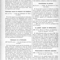 2515 - Page 2238 - Partie scientifique. L'Actualité Scientifique. Les Sociétés Savantes. Paris. Transfusion de sérum glucosé et de sang dans les veines profondes, (Soc. des chirurgiens de Paris ; 3-6-1927) / Tuberculose massive du testicule et de l’épididyme, (Société des chirurgiens de Paris ; 3-6-1927) / Traitement de la diverticulite, (soc. des chirurgiens de Paris; 3-6-1927) / Les abcès staphylococciques dans les pays chauds, (Société des chirurgiens de Paris ; 20-5-1927) / Goménolisation du péritoine, (Société des chirurgiens de Paris ; 20-5-1927) / La patellite (maladie de Sinding-Larsen), (Société de chirurgie ; 8-6-1927) / Phrénicectomie et tuberculose pulmonaire, (Soc. méd. du IXe arrond. ; juin 1927)