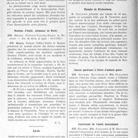 2516 - Page 2239 - Partie scientifique. L'Actualité Scientifique. Les Sociétés Savantes. Paris. Phrénicectomie et tuberculose pulmonaire, (Soc. méd. du IXe arrond. ; juin 1927) / Boutons d’huile, mélanose de Riehl, (Soc. de derm. et syph. ; 10-3-1927) / Lyon. Société nationale de médecine et des sciences médicales. Oeil figé dans un cas d’épithélioma cutané / Maladie de Krukenberg / Cancer gastrique à forme d’anémie grave / Anévrysme de l’aorte descendante