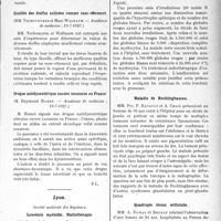 2570 - Page 2293 - Parties scientifique. L’Actualité Scientifique. Les Sociétés Savantes. Paris. Le typhus endémique bénin (maladie de Brill), (Académie de médecine ; 19-7-1927) / Qualités des étoffes utilisées comme sous-vêtement, (Académie de médecine ; 19-7-1927) / Drogue antidysentérique encore inconnue en France, (Académie de médecine ; 19-7-1927) / Lyon. Société médicale des hôpitaux. Leucémie myéloïde. Radiothérapie / Maladie de Recklinghausen / QuaDr. uple lésion orificielle