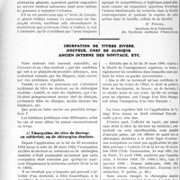 2625 - Page 2348 - Partie professionnelle. Travaux Originaux. La mystique dans le syndicalisme médical ; son danger immédiat ; son utilisation possible / Usurpation de titres divers, docteur, chef de clinique, ancien interne des hôpitaux, etc. [DR. Poibel, Dr. Paul Boudin]]