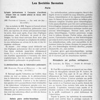 2676 - Page 2399 - Partie scientifique. L’Actualité Scientifique. La Presse. Le traitement médical de l’angine de poitrine [(Courrier médical, 1917, n° 19)] / Les Sociétés Savantes. Paris. Epilepsie jacksonienne à l’occasion d’accidents sériques chez un malade atteint de lésion cérébrale latente, (Soc. méd, des hôp. ; 24-4-1927) / La phrénicectomie dans la tuberculose pulmonaire, (Soc. méd. des hôp. ; 8-4-1927) / Anémie grave arséno-benzolique, (Soc. méd. des hôp. ; 11-3-1927) / Rhinoplastie par greffons cartilagineux, (Société de chirurgie ; 11-5-1927)
