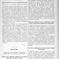 2678 - Page 2401 - Partie scientifique. L’Actualité Scientifique. Les Sociétés Savantes. Paris. L’apophysite calcanéenne postérieure de la dixième année, (Soc. de médecine de Paris ; 10-6-1927) / Néphrite mortelle au cours d’un traitement bismuthé, (Soc. de derm, et syph. ; 10-3-1927) / Montpellier. Société des sciences médicales et biologiques de Montpellier et du Languedoc méditerranéen. Synovite des extenseurs simulant une paralysie radiale chez un ancien saturnin / Crises polyuriques chez un cardio-rénal. Diabète insipide / Sphacèles abdomino-pelviens, complications terminales de tuberculoses intestinales ou péritonéales / Du rôle des malformations vertébrales dans l’étiologie de la scoliose / Myosis et urémie