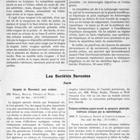 2792 - Page 2515 - Partie scientifique. L’Actualité Scientifique. La Presse. L’état carminé de la muqueuse buccale dans l’insuffisance hépatique grave / Les Sociétés Savantes. Paris. Dyspnée de Kussmaul sans acidose, (Soc. méd. des hôp. ; 13-5-1927) / Tumeur cérébrale ayant simulé la paralysie générale. Guérison clinique par la radiothérapie, (Soc. méd. des hôp. ; 27-5-1927)