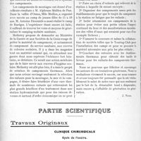 2843 - Page 2560 - Propos du jour. Après les vacances. La réorganisation des colonies scolaires : Un projet à réaliser: Les campements thermaux. Nécessité d’une « politique » des oeuvres de plein air [J. Noir] / Partie scientifique. Travaux Originaux. Clinique chirurgicale. Kyste de l’ovaire, d’après une leçon du professeur Delbet