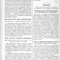 2985 - Page 2702 - Partie scientifique. L'Actualité Scientifique. Les Sociétés Savantes. Paris. Maladies osseuses d’origine vaso-motrice (post-traumatiques), (société de chirurgie ; 6-7-1927) / Scalp total traité par greffes dermo-épidermiques, (société de chirurgie ; 6-7-1927) / Formes tardives du rhumatisme blennorrhagique, (soc. de médecine de Paris ; 13-5-1927) / Montpellier. Société des sciences médicales et biologiques de Montpellier et du Languedoc méditerranéen. Indications relatives du pneumothorax artificiel, de la phrénicectomie, de la thoracoplastie / Action des radiations ultra-violettes sur la valeur de la réserve du sang au cours de l’enfance