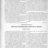3059 - Page 2774 - Partie professionnelle, Hygiène, Assistance, Mutualité, Intérêts corporatifs, Variétés. Travaux Originaux. Mutualité familiale. Elle a évolué mais avec prudence [A. Gassot] / Impôt sur les spécialités : impôt sur la maladie. Projet injuste [E. D. Gaston]