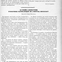 3060 - Page 2775 - Partie professionnelle, Hygiène, Assistance, Mutualité, Intérêts corporatifs, Variétés. Travaux Originaux. Impôt sur les spécialités : impôt sur la maladie. Projet injuste [E. D. Gaston] / Le musée-laboratoire d'anatomie pathologique de l’hôpital Boucicaut, par le Dr. René Martial