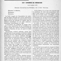 3159 - Page 2872 - Partie professionnelle, Hygiène, Assistance, Mutualité, Intérêts corporatifs, Variétés. Travaux Originaux. XIXe Congrès de médecine. Discours d’ouverture du Président, M. le Prof. Teissier
