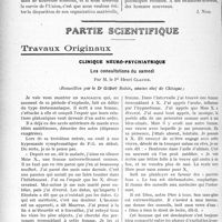 3197 - Page 2906 - Propos du jour. Quelques réflexions personnelles à propos de la dernière Assemblée générale du Syndicat des Médecins de la Seine [J. Noir] / Partie scientifique. Travaux Originaux. Clinique neuro-psychiatrique. Les consultations du samedi, par M. le Pr Henri Claude