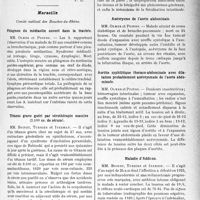 3212 - Page 2921 - Partie scientifique. L’Actualité Scientifique. Les Sociétés Savantes. Paris. Désensibilisation à la lumière par la pyrocatéchine, (Soc. de demi. et syph. ; 12-5-1927) / Marseille. Comité médical des Bouches-du-Rhône. Phlegmon du médiastin ouvert dans la trachée / Tétanos grave guéri par sérothérapie massive (2. 100 cc. de sérum) / Péritonite généralisée par gangrène appendiculaire : Perforation / Anévrysme de l’aorte abdominale / Aortite syphilitique thoraco-abdominale avec dilatation probablement anévrysmale de l’aorte abdominale / Maladie d’Addison