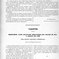 3229 - Page 2938 - Partie professionnelle, Hygiène, Assistance, Mutualité, Intérêts corporatifs, Variétés. Travaux Originaux. Sou médical. Rapport du Secrétaire général / Variétés. Découverte d’une sculpture néolithique sur rocher de main à doigts amputés (Une nouvelle opération préhistorique), Par le Dr. Marcel Baudouin