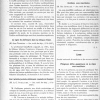 3275 - Page 2984 - Partie scientifique. L’actualité Scientifique. Les Sociétés Savantes. Paris. Le souffle systolique du creux sus-claviculaire et le diagnostic des artérites sub-oblitérantes de la sous-clavière, (Soc. méd. des hôp. ; 22-7-1927) / Le signe du phrénique dans la lithiase rénale, (Soc. méd. des hôp. ; 17-6-1927) / Sur l’artérite juvénile oblitérante (maladie de Buerger), (Soc. méd. des hôp. ; 17-6-1927) / Oreillons sous-maxillaires, (Soc. méd. des hôp. ; 17-6-1927) / Lyon. Société nationale de médecine et des sciences médicales. Phlegmon diffus gangreneux de la région sous-maxillaire