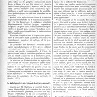 3337 - Page 3046 - Partie scientifique. L’Actualité Scientifique. La Presse. Recherches sur la spirochétose broncho-pulmonaire [(La Presse médicale, 12 février 1927)] / Le ballottement du pied (signe de la série pyramidale) [(La Presse médicale, 26 février 1927)] / La goutte viscérale. Diagnostic et traitement [(Paris médical, 24 septembre 1927)]
