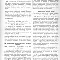 3339 - Page 3048 - Partie scientifique. L’Actualité Scientifique. Les Sociétés Savantes. Paris. Pronostic de l’arythmie complète, (Soc. méd. des hôp. ; 8-7-1927) / Tuberculose laryngée et pneumothorax, (Soc. méd. des hôp. ; 6-5-1927, ) / Sporotrichose traitée par auto-vaccin, (Soc. méd. des hôp. ; 13-5-1927) / La péricardotomie épigastrique dans la péricardite purulente, (Soc. méd. des hôp. ; 8-7-1927) / La méningite ourlienne précoce, (Soc. méd. des hôp. ; 24-6-1927) / L’angine à monocytes, (Soc. méd. des hôp. ; 24-6-1927)