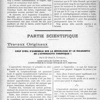 3391 - Page 3098 - Propos du jour. Les livres scolaires agents de transmission des maladies contagieuses et leur désinfection [J. Noir] / Partie scientifique. Travaux Originaux. Coup d'oeil d'ensemble sur la sémiologie et le diagnostic de l'appendicite chronique, par le Dr. René A. Gutmann