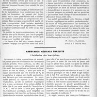 3426 - Page 3133 - Partie professionnelle, Hygiène, Assistance, Mutualité, Intérêts corporatifs, Variétés. Travaux Originaux. Jurisprudence. La cession des cabinets médicaux et la loi du 1er avril 1926 [P. Nattan-Larrier] / Assistance médicale gratuite. L’arbitraire des inscriptions [G. Lavalée]