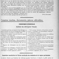 3496 - Page 3203 - Partie professionnelle, Hygiène, Assistance, Mutualité, Intérêts corporatifs, Variétés. Travaux Originaux. Autour des théâtres. Les questions de Chantecler [Dr. G. Pauleme] / Comptes rendus, documents, pièces officielles. Chronique syndicale. Syndicat des chirurgiens français / Assemblée constitutive de l’Union syndicale des médecins de la région parisienne
