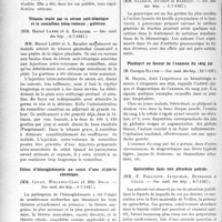 3543 - Page 3250 - Partie scientifique. L’actualité Scientifique. Les Sociétés Savantes. Paris. Fièvre barbiturique, (soc. méd. deshôp. ; 22-7-1927) / Tétanos traité par le sérum anti-tétanique et le somnifène intra-veineux ; guérison, (soc. méd. des hôp. ; 8-7-1927) / Crises d’hémoglobinurie au cours d’une néphrite chronique, (Soc. méd. des hôp. ; 1-7-1927) / Traitement des manifestations articulaires de la blennorrhagie par le lysat-vaccin à gonocoques, (Soc. méd. des hôp. ; 1-7-1927) / Plaidoyer en faveur de l’examen du sang pur, (Soc. méd. des hôp. ; 22-7-1927) / Spirochètes dans une pleurésie putride, (Soc. méd. des hôp. ; 8-7-1927)