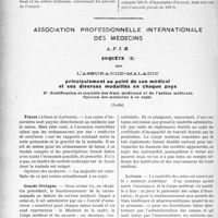 3563 - Page 3270 - Partie professionnelle, Hygiène, Assistance, Mutualité, Intérêts corporatifs, Variétés. Comptes rendus, documents, pièces officielles. Sou Médical. Extrait analytique des procès-verbaux du Conseil d’Administration / Association professionnelle internationale des médecins, A. P. I. M. Enquête sur L'assurance-maladie principalement au point de vue médical et ses diverses modalités en chaque pays. Justification et contrôle des frais médicaux et de l’action médicale. Opinion des médecins à ce sujet, (suite)