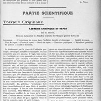 3662 - Page 3367 - Propos du jour. Pour les médecins civils des colonies [J. Noir] / Partie scientifique. Travaux Originaux. Asthénie chronique et repos, par R. Benon. Sommaire. — L’importance du repos dans l’asthénie durable et chronique. — Variété de repos. — Lieu de repos. —Forme de repos. — Durée du repos. — Exercices physiques, — Réactions possibles du patient : suicide et homicide