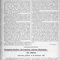 3685 - Page 3390 - Partie Professionnelle, Hygiène, Assistance, Mutualité, Intérêts corporatifs, Variétés. Travaux Originaux. Chronique de la mutualité. Les médecins de Mutualités et les Assurances sociales [Dr. Vimont] / Comptes rendus, documents, pièces officielles.... Sou Médical. Assemblée générale du 20 Novembre 1927
