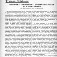 0039 - Page 38 - Partie professionnelle, Hygiène, Assistance, Mutualité, Intérêts corporatifs, Variétés. Travaux Originaux. Impressions de l'assemblée de la confédération nationale des syndicats médicaux, par le Dr Gabriel Batier