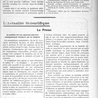 0094 - Page 93 - Partie scientifique. Travaux Originaux. La tribune médico-scientifique des Abonnés. A propos du traitement sérothérapique de la bacillose par le sérum du Pr Jousset / L’Actualité Scientifique. La Presse. La morphine chez les cancéreux peut être avantageusement remplacée par la cibalgine [(Journ. de méd. de Bordeaux, 10 octobre 1928)] / L’endocardite mitrale à forme hipertensive [(La Presse médicale, 15 septembre 1928)] / Une méthode pratique de traitement du psoriasis [(Paris médical, 15 septembre 1928)]