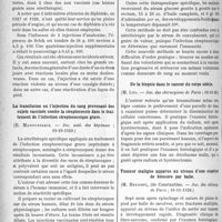 0099 - Page 98 - Partie scientifique. L’Actualité Scientifique. Les Sociétés Savantes. Paris. Trois années de pratique de vaccination par l’anatoxine diphtérique à l’hôpital maritime de Berck, (Soc. méd. des hôpitaux ; 19-10-1928) / La transfusion ou l’injection du sang provenant des sujets vaccinés contre la streptococcie dans le traitement de l’infection streptococcique grave, (Soc. méd. des hôpitaux ; 19-10-1928) / De la biopsie dans le cancer du corps utérin, (Soc. des chirurgiens de Paris ; 16-11-28) / Tumeur maligne apparue au niveau d’une cicatrice de blessure par balle, (Soc. des chirurg. de Paris ; 16-11-1928)