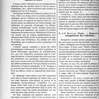 0105 - Page 104 - Partie scientifique. L’Actualité Scientifique. Les Congrès. Première Conférence internationale de la lumière, (suite). Place respective en thérapeutique des ultra-violets et des aliments irradiés, E et H. Biancani / L’extrait aqueux des lipoïdes irradiés, Malmstron / De l’antagonisme des rayons rouges et ultra-violets, Fritz Ludwig et Julius von Ries / Existe-t-il un antagonisme des radiations ?, E. et H. Biancani