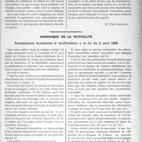 0114 - Page 113 - Partie professionnelle, Hygiène, Assistance, Mutualité, Intérêts corporatifs. Variétés. Travaux Originaux. La profession organisée. Secret professionnel. Médecin d’école normale, fiches sanitaires individuelles [Dr Paul Boudin] / Chronique de la mutualité. Revendications mutualistes et modifications à la loi du 5 avril 1928 [Dr. M. Vimont]