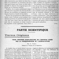 0159 - Page 156 - Propos du jour. Médecins de villes d’eaux et médecins traitants [J. Noir] / Partie scientifique. Travaux Originaux. Trois procédés d’exploration de l’estomac basés sur la phonendoscopie et l’auscultation, par G. Faroy