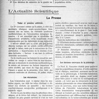 0169 - Page 166 - Partie scientifique. Travaux Originaux. Coup d’oeil rétrospectif sur l’encéphalite épidémique, en France, de 1915 à 1928. De ses différentes formes et en particulier de sa forme médullaire, (Clinique et expérimentation), par le Dr Albert Veillard / L’actualité Scientifique. La Presse. Tabac et pression artérielle [(Gaz. hebd. des sciences médicales de Bordeaux, 29 juillet 1928)] / Les vésicatoires [(Journ. des Praticiens, 14 juillet 1928)] / Les horizons nouveaux de la phtisiologie [(La Presse médicale, 18 juillet 1928)]