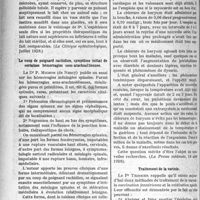 0171 - Page 168 - Partie scientifique. L’actualité Scientifique. La Presse. Le lait en thérapeutique [(La Clinique ophtalmologique, juillet 1928)] / Le coup de poignard rachidien, symptôme initial de certaines hémorragies sous-arachnoïdiennes [(La Presse médicale, 1er août 1928)] / Traitement de la fièvre typhoïde par le chlorure de baryum [(La Presse médicale, 18 août 1928)] / Traitement de la variole [(Le Bulletin médical, 28 juillet 1928)]
