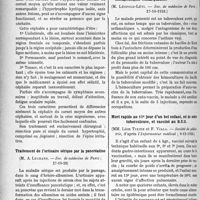 0175 - Page 172 - Partie scientifique. L’actualité Scientifique. Les Sociétés Savantes. Paris. La céphalée du cornet moyen, (Soc. de médecine de Paris ; 27-10-28) / Traitement de l’urticaire sérique par la pancréatine, (Soc. de médecine de Paris; 27-10-28) / Tuberculose pulmonaire, crises asthmatiques ; réaction folliculaire tuberculeuse. Hémoculture d’un bacille tuberculeux modifié. Auto-vaccin Effets thérapeutiques remarquables, (Soc. de médecine de Paris ; 27-10-1928) / Mort rapide au 15e jour d’un bel enfant, né de mère tuberculeuse, et vacciné au B. C. G, (Société de pédiatrie, d’après l’Informateur médical ; 9-12-1928)