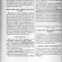 0179 - Page 176 - Partie scientifique. L’actualité Scientifique. Les Sociétés Savantes. Lyon. Société médicale des hôpitaux. Pneumonie tuberculeuse. Action favorable du sérum de Jousset / Névrite cubitale tardive consécutive à une fracture du coude / Société d’ophtalmologie. d’exophtalmie unilatérale par cellulite orbitaire / La sclérectomie postérieure dans le traitement de la douleur d’origine oculaire / Cataracte d’origine électrique / Coup defeu de la joue droite avec paralysie du moteur oculaire externe gauche / Kératite en grillage / D’épine transfixive de la cornée / L’influence de la radiothérapie sur la réfraction de l’oeil humain / Société médico-chirurgicale de la région de Saint-Germain-en-Laye. A propos d’une forme typhoïde de rhumatisme articulaire / Nouvelles injections intra-cardiaques droites