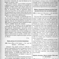 0325 - Page 318 - Partie scientifique. L’Actualité Scientifique. Les Sociétés Savantes. Paris. Fièvre typhoïde et coquillages, (Académie de médecine ; 26-12-1928) / Stades précoces de la leucémie lymphatique, (Soc. méd. des. hôpitaux ; 23-11-1928) / Sur un cas de spondylose rhizomélique à évolution ankylosante généralisée, (Soc. méd. des hôpitaux ; 23- 11-1928) / Oedème cataménial récidivant de la face d’origine dysendocrinienne chez une hérédo-syphilitique, (Soc. méd. des hôpitaux ; 23-11-1928) / Néphrite chronique. Réserve alcaline. Chlore sanguin et plasmatique, (Soc. méd. de hôpitaux ; 23-11-1928)