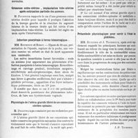 0327 - Page 322 - Partie scientifique. L’Actualité Scientifique. Les Sociétés Savantes. Paris. Société d’obstétrique et de gynécologie. Césarienne itérative suivie d'hystérectomie / Grossesse extra-utérine, implantation tubo-utérine après extirpation partielle des annexes / Infection puerpérale à forme hémorragique / Physiologie de l’utérus gravide libéré de ses connexions cérébro-spinales / Préambule physiologique pour servir à l’étude des phlébites
