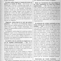 0331 - Page 326 - Partie scientifique. L’Actualité Scientifique. Les Congrès. XIIIe Congrès de Médecine légale de langue française, (Suite et fin). La détermination du coefficient d’empoisonnement oxycarbonique du sang en voie de putréfaction. — M. Simonin / La valeur médico-légale de l’examen des taches de sperme à la lumière de Wood. — M. Simonin / Diagnostic médico-légal de la mort par embolie graisseuse. — M. Simonin / La néphrite chez les saturnins au regard de la loi sur les maladies professionnelles. — MM. Pierre Parisot et L. Caussade / Etude sur l’introduction des corps étrangers dans les voies respiratoires au cours de la submersion expérimentale. — MM. Muller et Marchand / La recherche des vertiges consécutifs aux traumatismes crâniens par l’épreuve de la marche en étoile modifiée. — MM. J. Leclercq, Muller et Boudeville / Intoxication par l’oxyde d’antimoine. — M. Blench