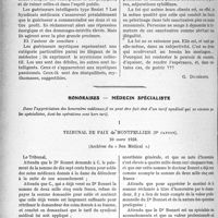 0335 - Page 330 - Partie professionnelle, Hygiène, Assistance, Mutualité, Intérêts corporatifs, Variétés. Travaux Originaux. Bibliographie. Les guérisseurs mystiques, Dr M. Igert / Honoraires — médecin spécialiste. Tribunal De Paix De Montpellier (3e Canton), 20 mars 1928, (Archives du Sou Médical)