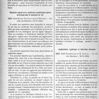 0403 - Page 398 - Partie scientifique. L'Actualité Scientifique. Les Sociétés Savantes. Paris. Entérite aiguë avec état comateux et forte azotémie. Amélioration rapide par le chlorure de sodium, (Soc. méd. des hôpitaux ; 30-11-1928) / Néphrite aiguë avec syndrome azotémique grave provoqué par le manque de sel, (Soc. méd. des hôpitaux ; 30-11-1928) / Sporomycose des pelleteurs de grains, (Soc. méd. des hôpitaux ; 30-11-1928) / Septicémie typhique et infection vésiculaire, (Soc. méd des hôpitaux ; 30-11-1928)