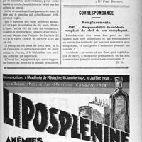 0434 - Page LXV-429 - Jurisprudence. Accidents du travail. Faillite du patron. Privilège du Médecin / Correspondance. Remplacements. Responsabilité du médecin remplacé du chef de son remplaçant
